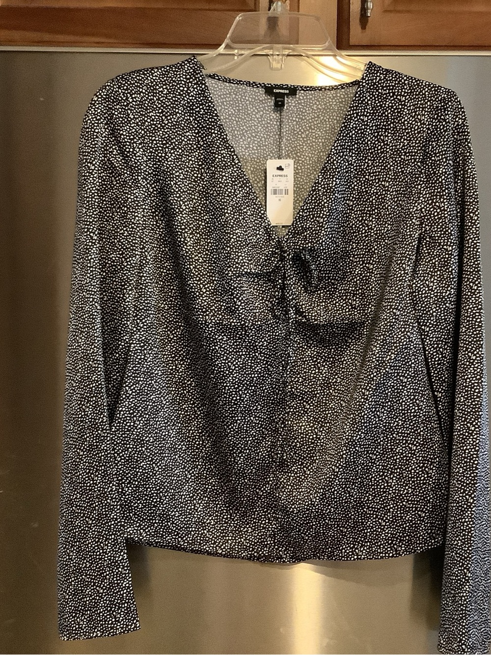 Express Black and White Polka Dot V-Neck Long Sleeve Top